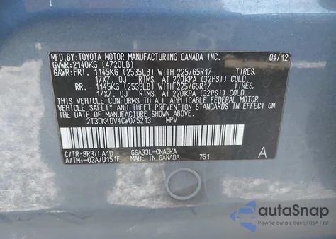 2012 Toyota Rav4 Limited V6 z USA, uszkodzony, nr VIN 2T3DK4DV4CW075213